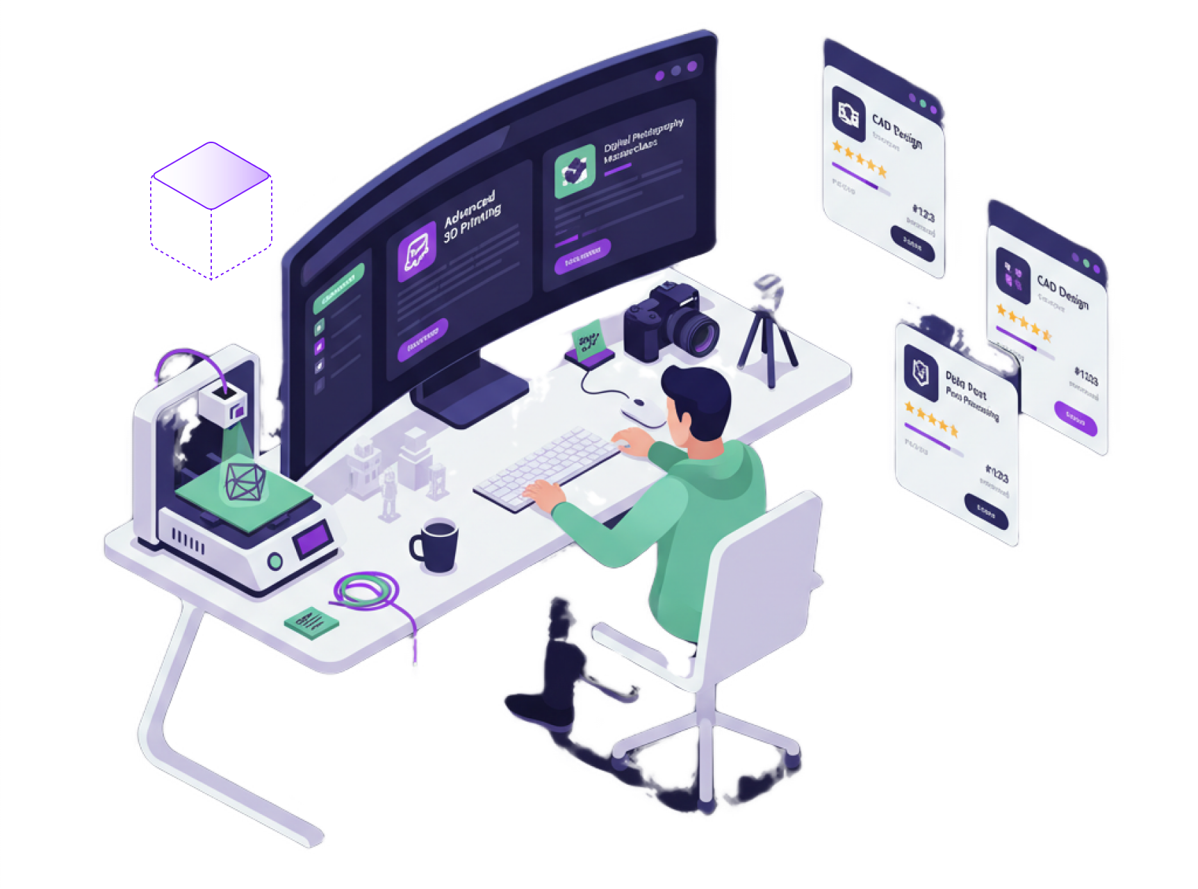 Isometric 3D design workstation with dual monitors